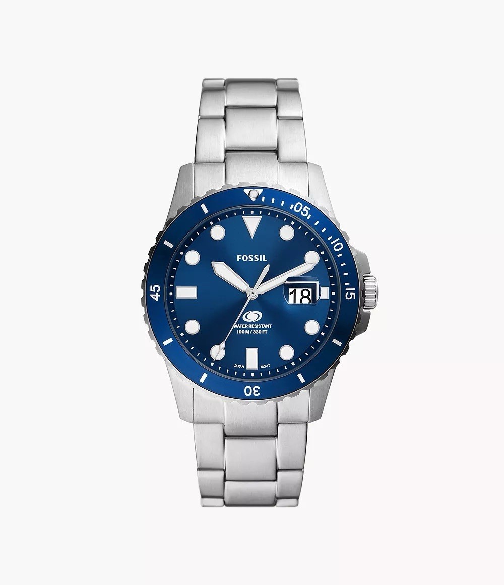 Fossil Blue Dive, Silver Stainless Steel Quartz Watch, Miyota 2115 Date, NIB
