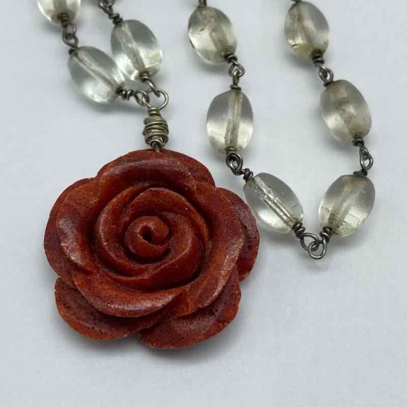 Vintage 900 Silver Carved Coral Rose Pendant Clear Bead Necklace 24″ 42.8g