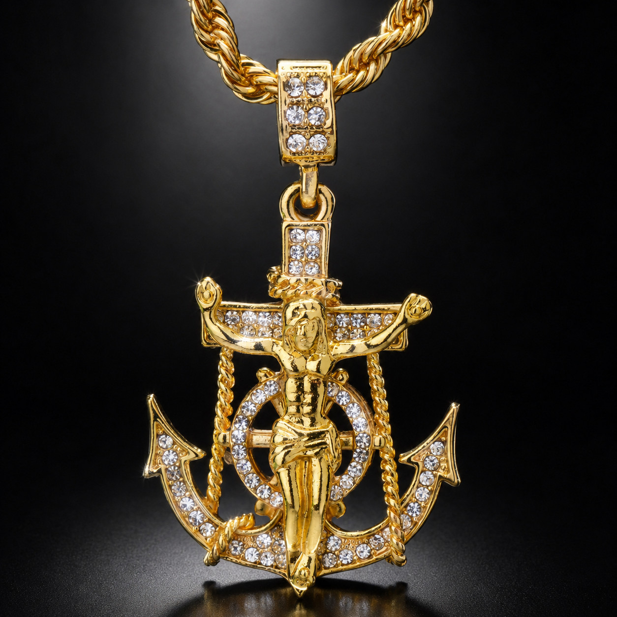 VAULT EDITION MEN’S ICED CZ JESUS ANCHOR CROSS | RARE 24″ GOLD PLATED ROPE CHAIN