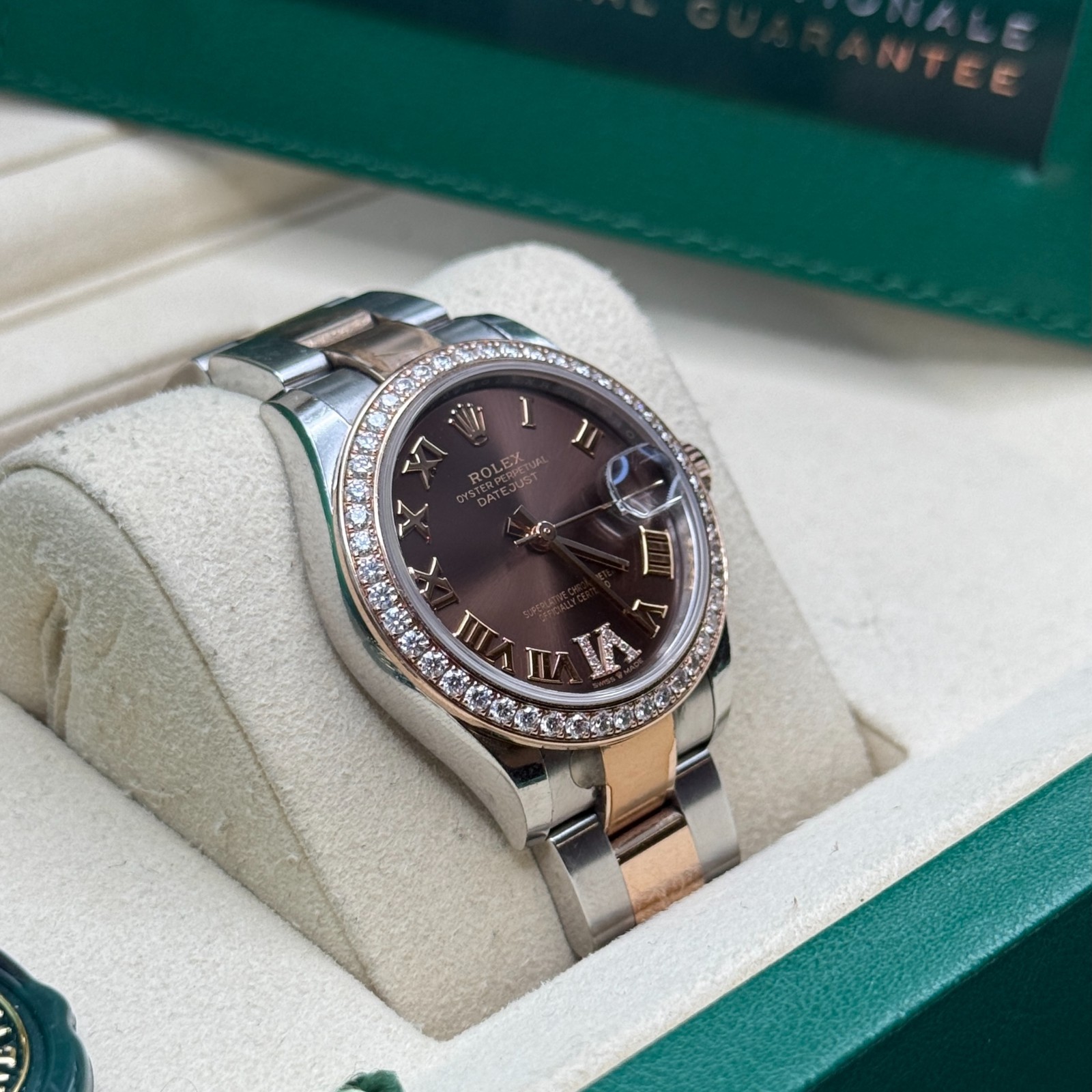 Rolex Datejust 31 Chocolate Roman Diamond Two Tone Rose Diamond Bezel Oyster