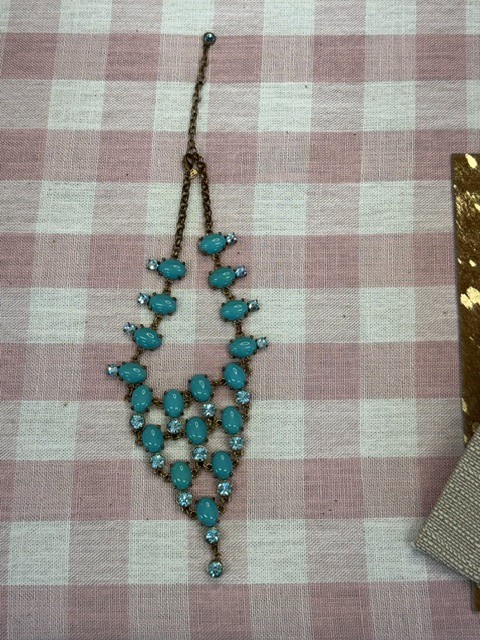 Blue Cabochon & Rhinestone Bib Statement Necklace Gold Tone Adjustable