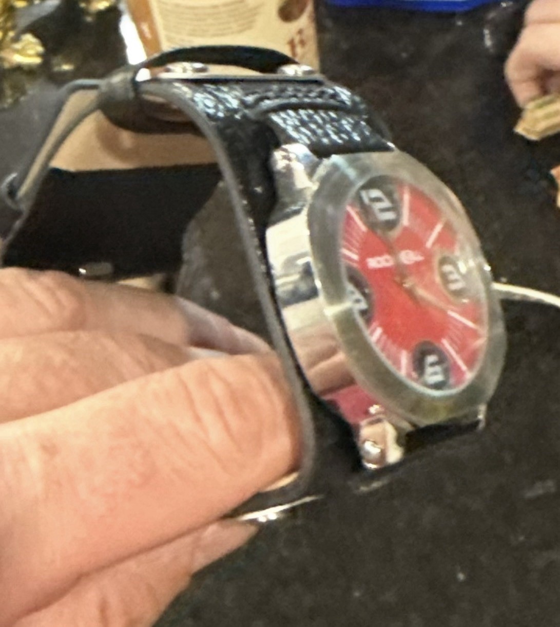 Rockwell Red Dial Analog Quartz Watch Silver Stainless Case Black Leather Strap