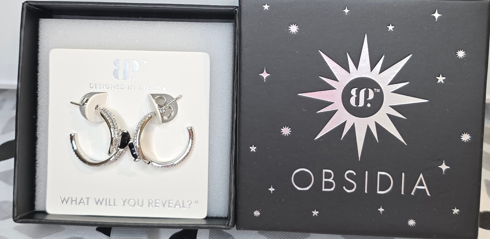 Obsidia Cut Through the Dark Rhodium Plated Hoop Earrings