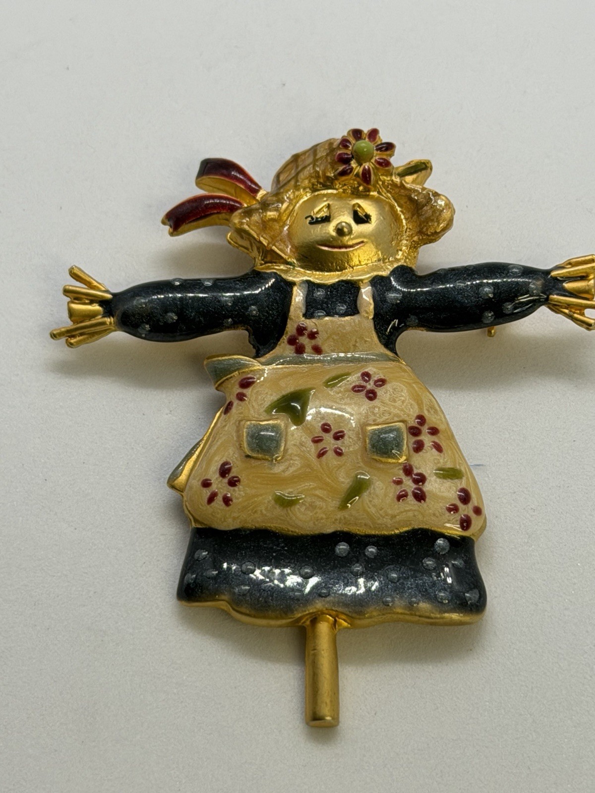 Vintage Gold Tone Hand-Painted Enamel Girl Brooch Pin Black Beige Red Green 2 in