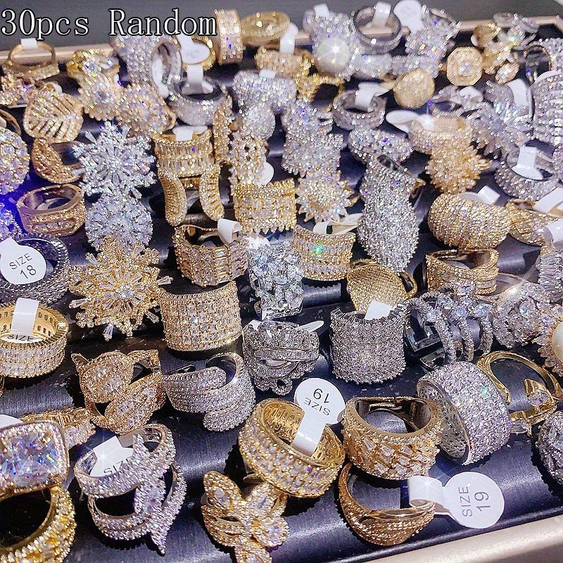 30Pcs Luxury Zircon Rhinestone Rings Mixed Size Party Wedding Jewelry Gift