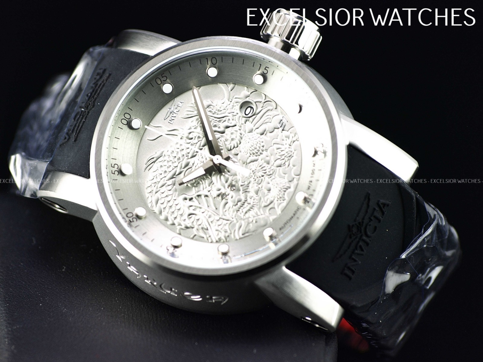 Invicta 48mm S1 YAKUZA DRAGON NH35A Automatic Silver Dial Black Silicone Watch