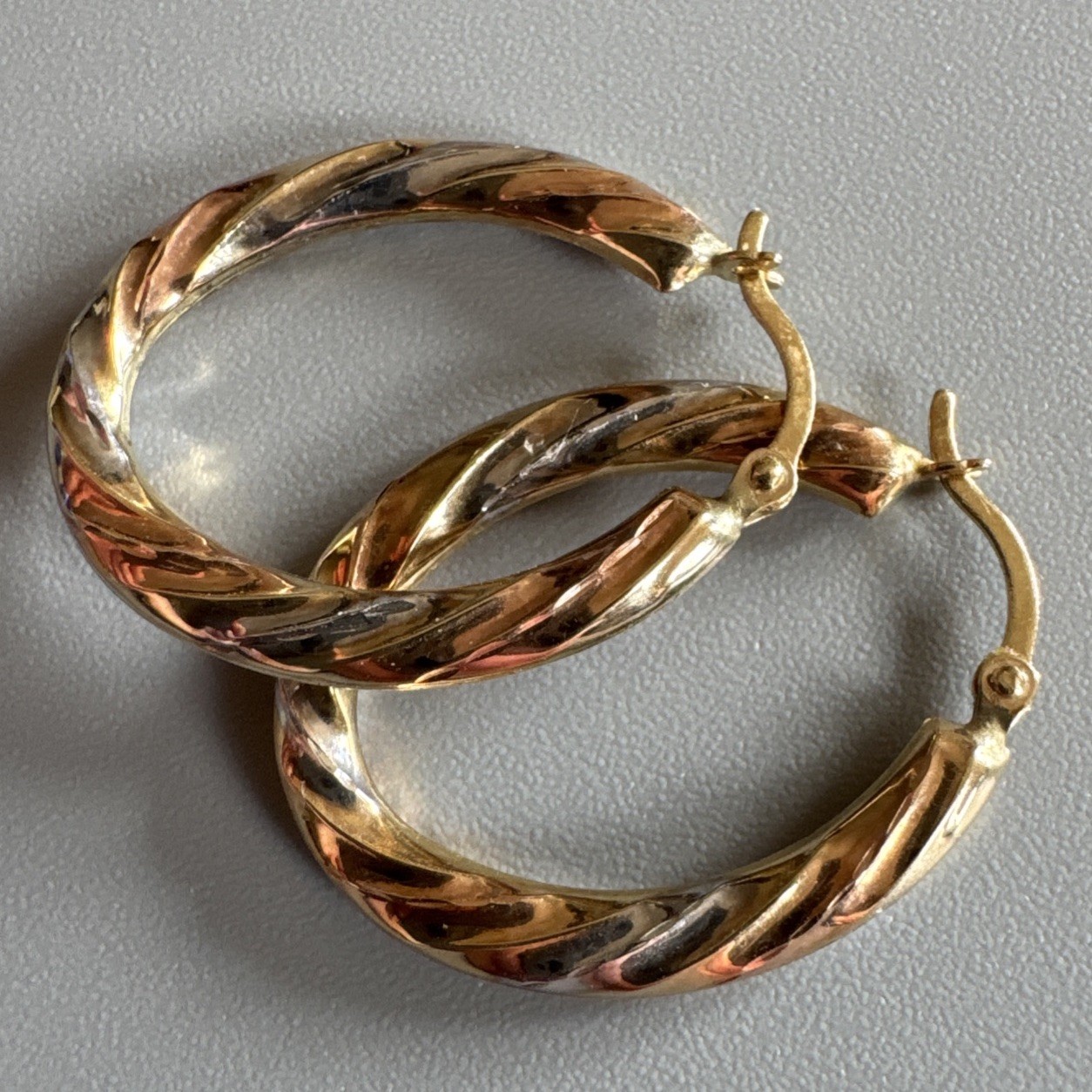 9ct Yellow, Rose & White Gold Twist Oval Creole Hoop Earrings 24.7mm Long 0.78g
