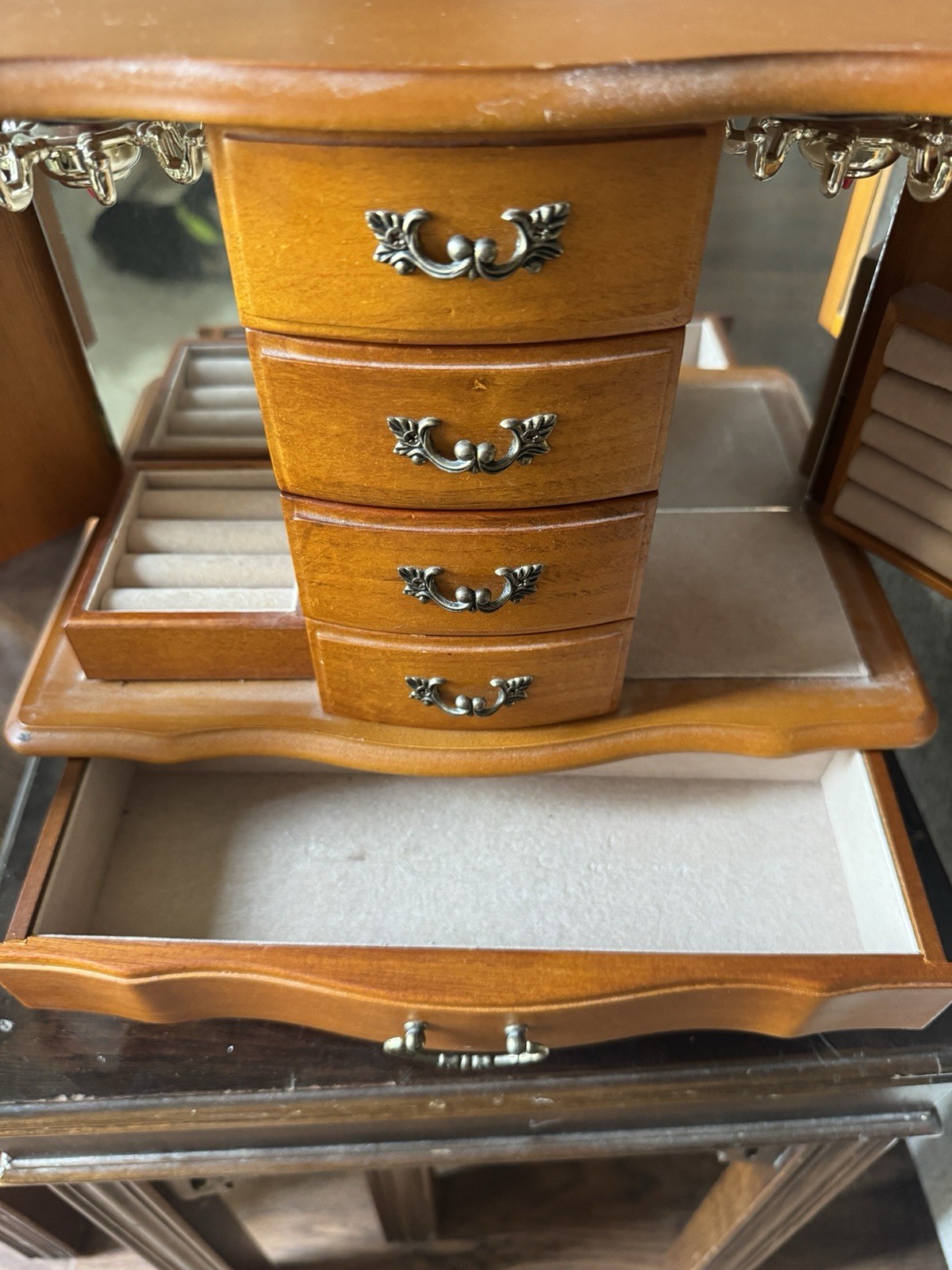 Vintage Brown Wood & Glass Jewelry Box Armoire w/ Mirror, Floral Doors, Drawers