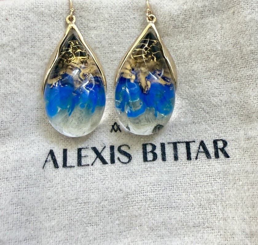 100% Authentic Alexis Bittar Clear, Gold, Black & Blue Lucite Earrings