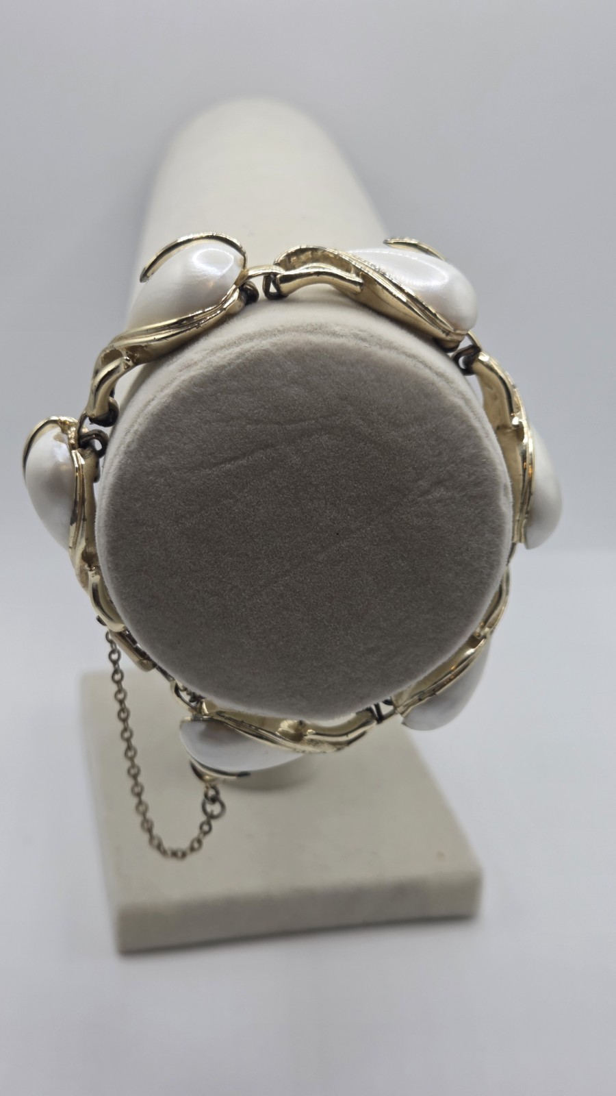 Vintage Coro Heart Bracelet White Enamel Faux Pearl Gold Tone With Safety Chain