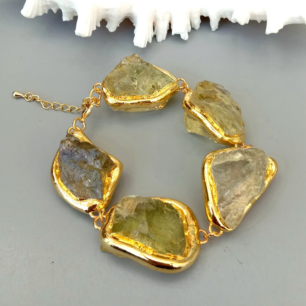 Natural Lemon Quartz Rough Raw Bracelet Gold Plated Brushed Bead Semi Precious