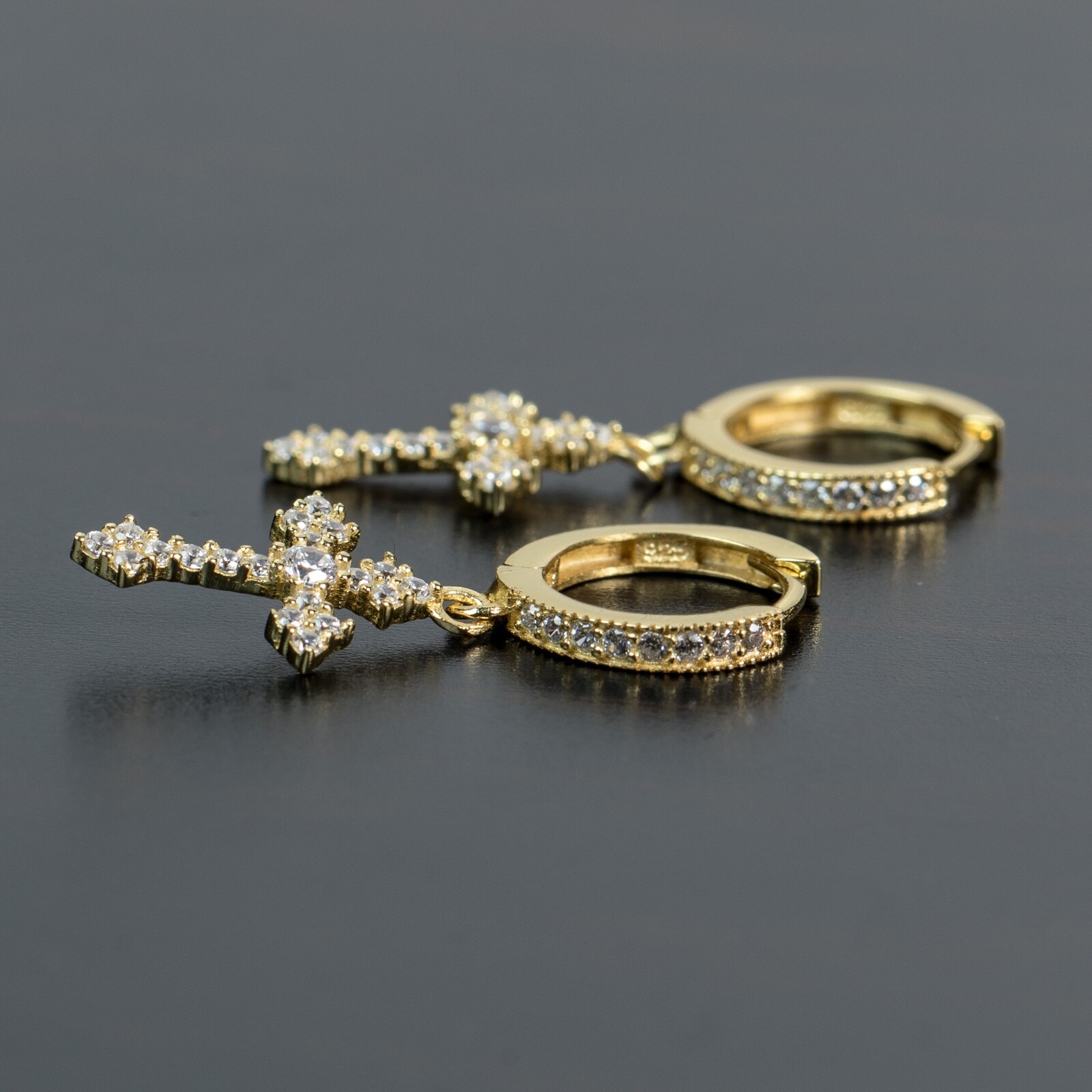 14K Gold Plated Men Iced Dangle Hanging Cross Drop Huggie Hoop Earrings