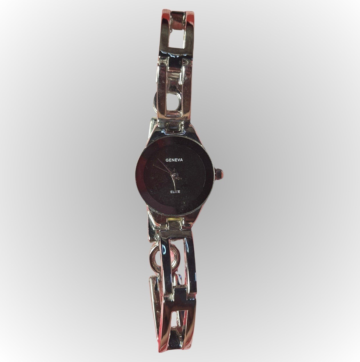 Geneva Elite Women’s Silver Tone Bracelet Watch Black Dial Quartz Analog