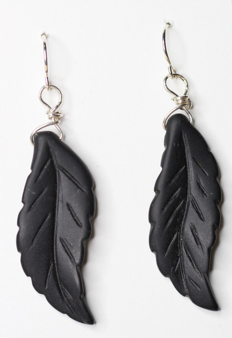 Graphite Black Leaf Carved Gemstone 925 Sterling Silver Wrapped Earrings 2 1/8″
