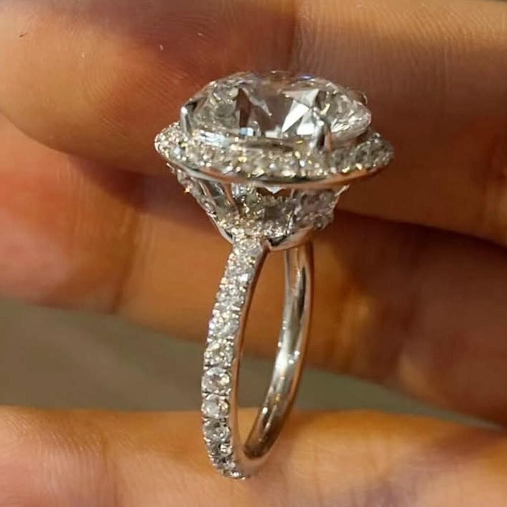 4.98 TCW Round Cut Moissanite Halo Engagement Ring 14K White Gold Plated