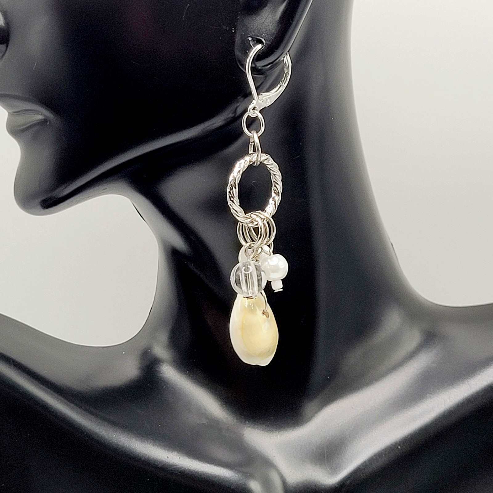 Handcrafted Boho Cowrie Shell Dangle Earrings Silver Tone Cluster Beaded Coastal