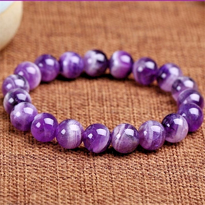 Amethyst Stone Beaded Healing Bracelet Purple Crystal Gemstone Stretch Bracelet