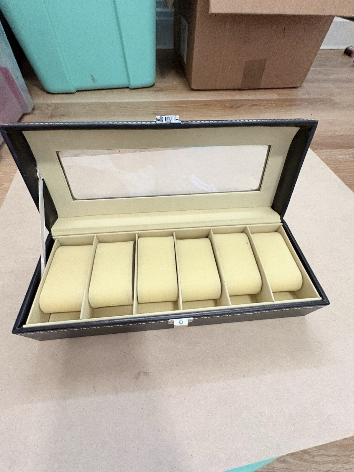 Black Faux Leather Watch Storage Box Case w/ Glass Top, 6 Slot Classic