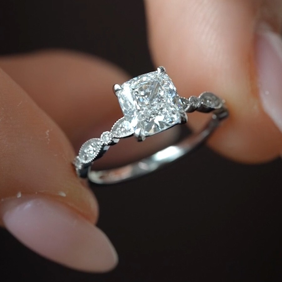 2.09 TCW Cushion Cut Moissanite Milgrain Engagement Ring 14k White Gold Plated