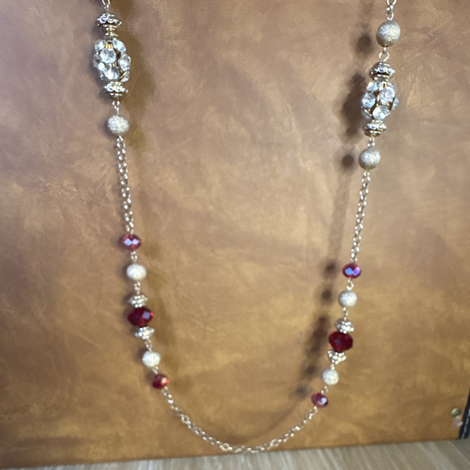 Gold Tone Cable Chain Station Necklace Red & Clear Simulated Crystal Adjustable