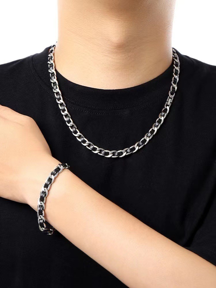 Silver Titanium Black PU Leather Jewelry Necklace Bracelet Chic Unisex Jewelry
