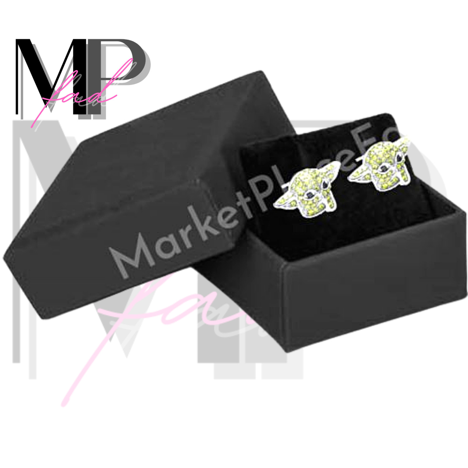 Baby Yoda Earrings Set Stud Butterfly Push Back Closure THE CHILD RHINESTONES