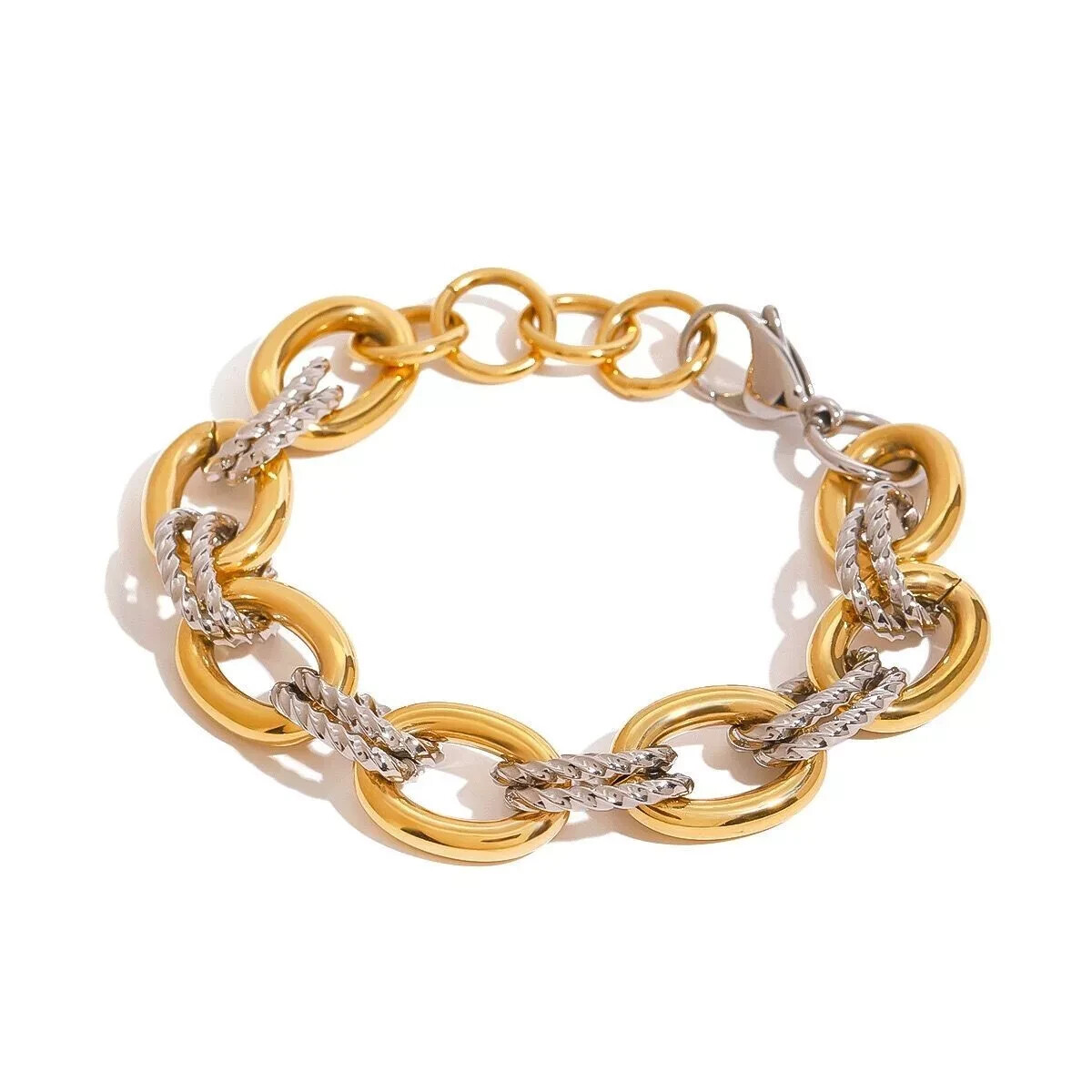 Woman 18K Gold Plated Silver and Gold Rolo Link Chain Bracelet Bangle 9 in/23cm