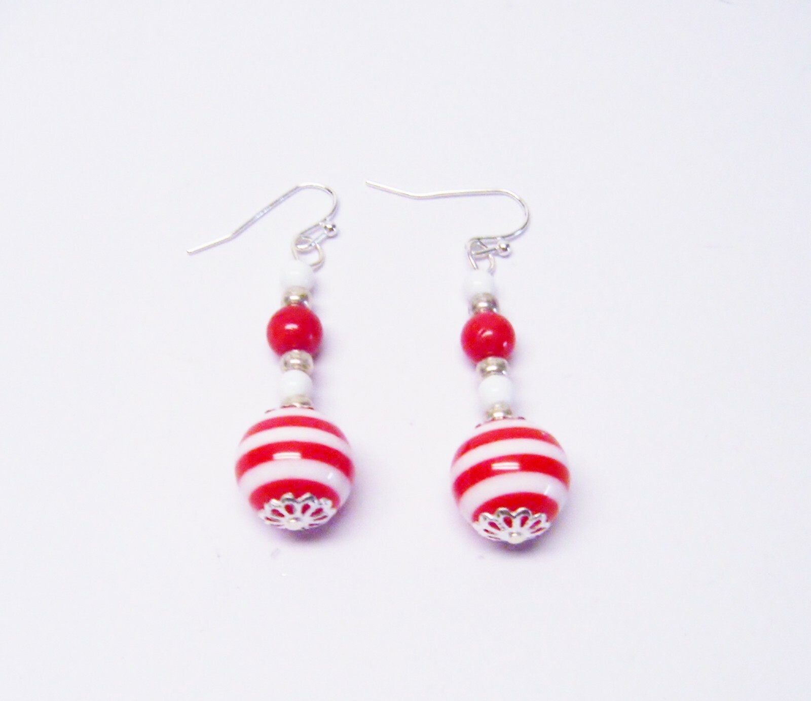Red/White Stripe Acrylic w/White Glass Bead Necklace/Bracelet/Earrings