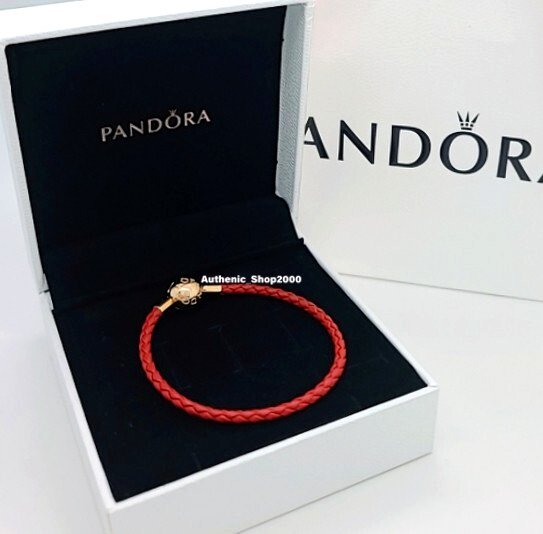 NEW 100% PANDORA 14k Gold Pl Clasp Red Woven Leather Charm Bracelet 568777C01
