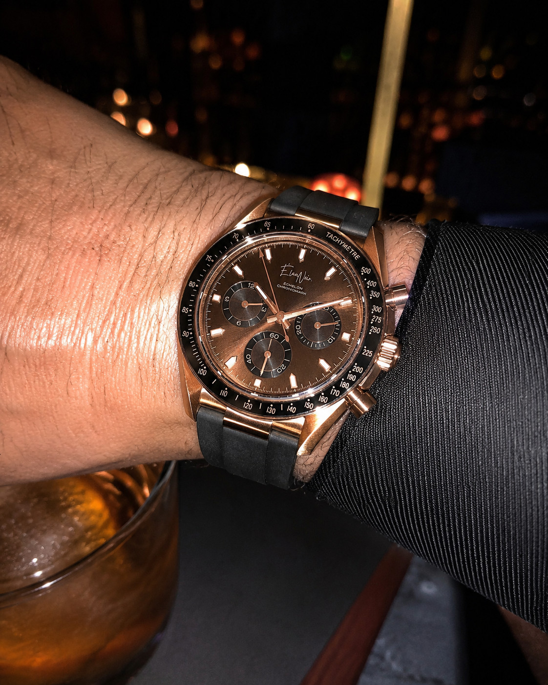 Élan Noir Chronograph Watch VK63 Brown Dial Rose Case SapphireCrystal Steel 40mm