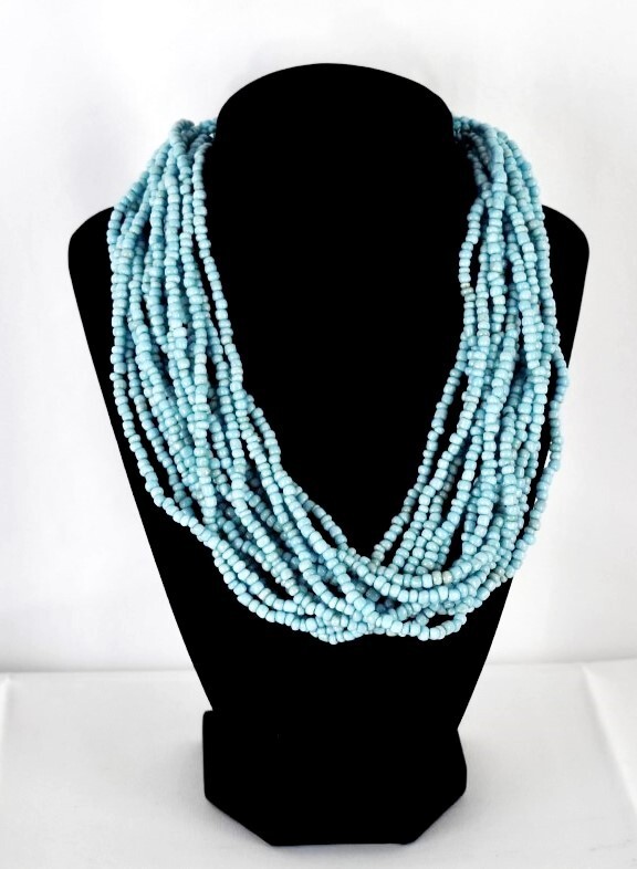 Vintage Multi Strand Necklace Light Blue Beaded Button Clasp 18 in