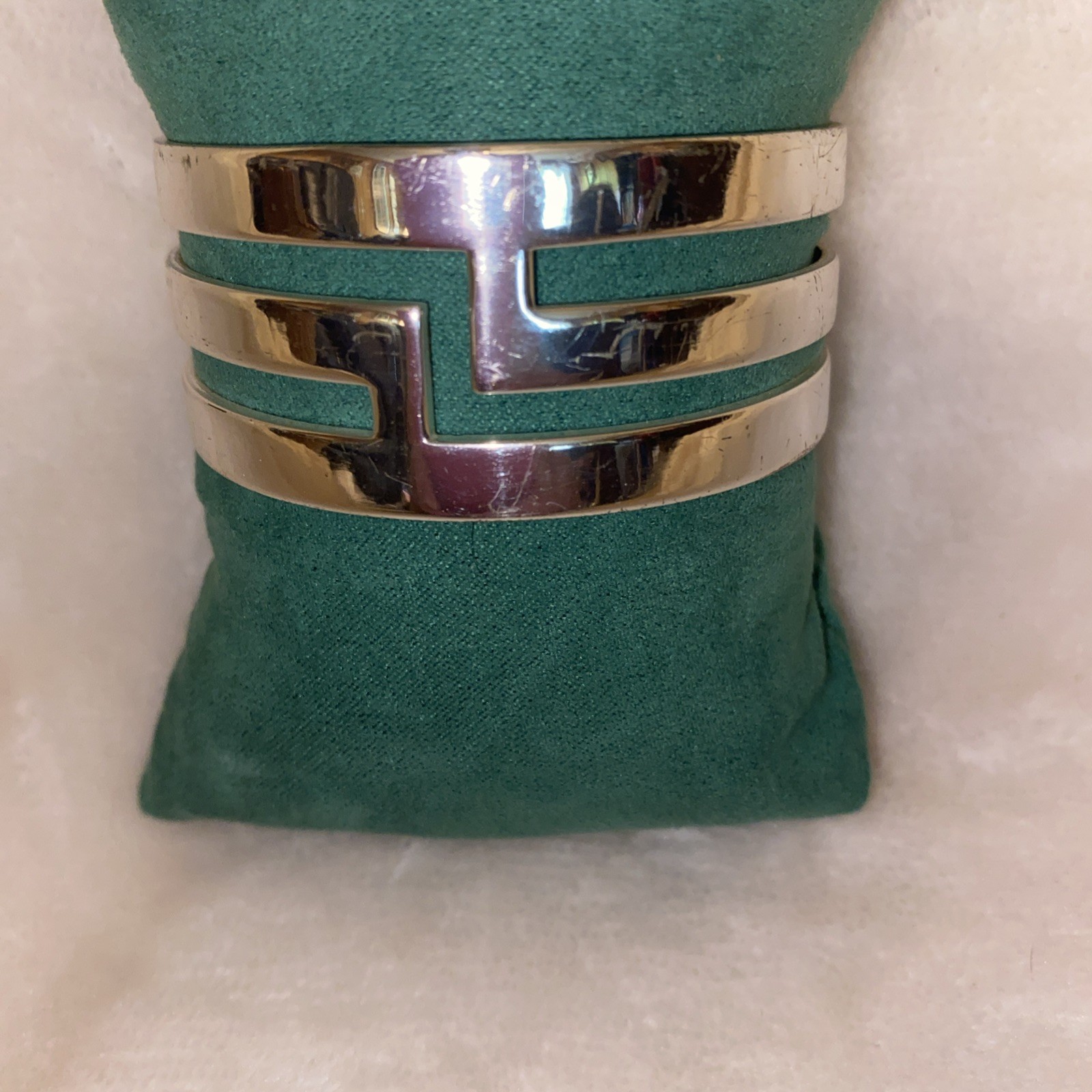 Rustic Cuff Bracelet Silver Tone Triple Band Cuff Signed Geometric Deco Style OG