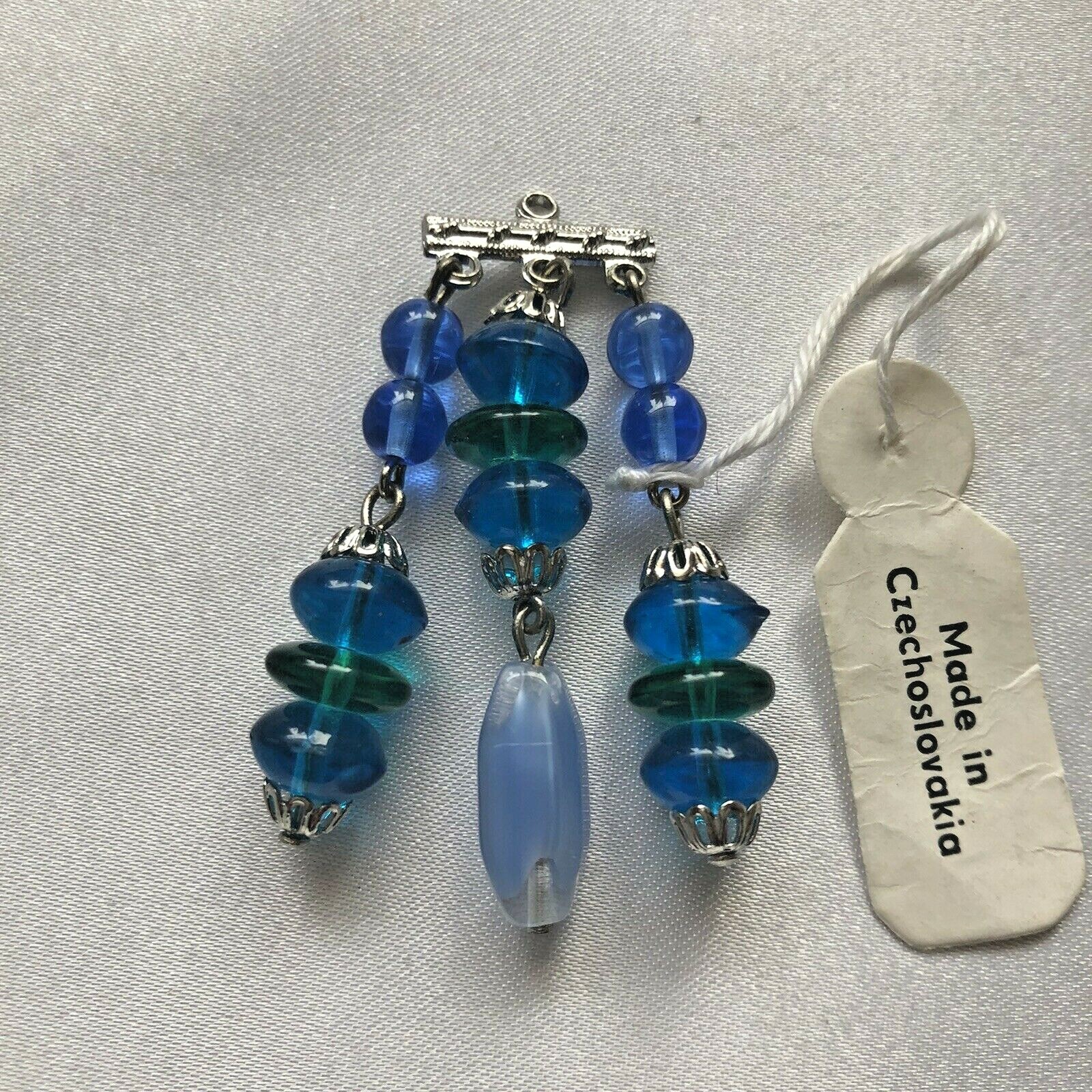Vintage Czech Glass 14 Bead Tassel Pendant Blue Finished Dangle Silver Bead Caps