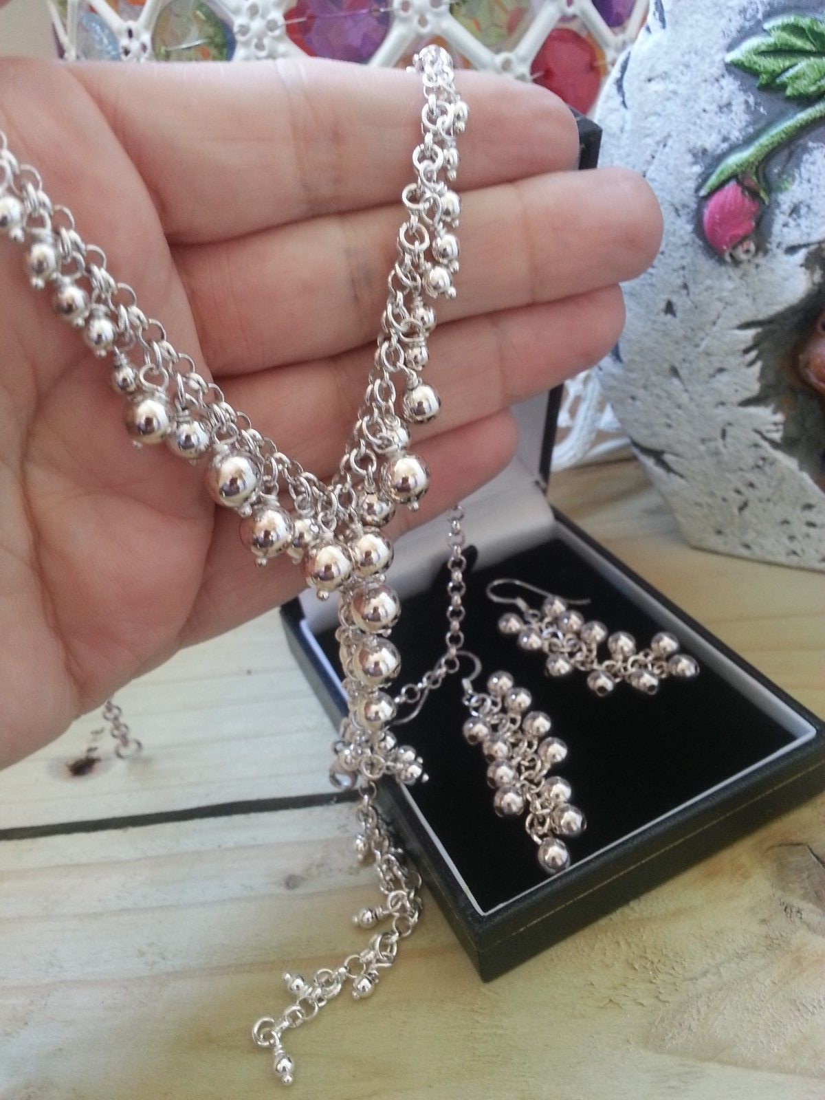 925 Cluster Round Balls Lariat Style Necklace & Drop Pierced Earrings