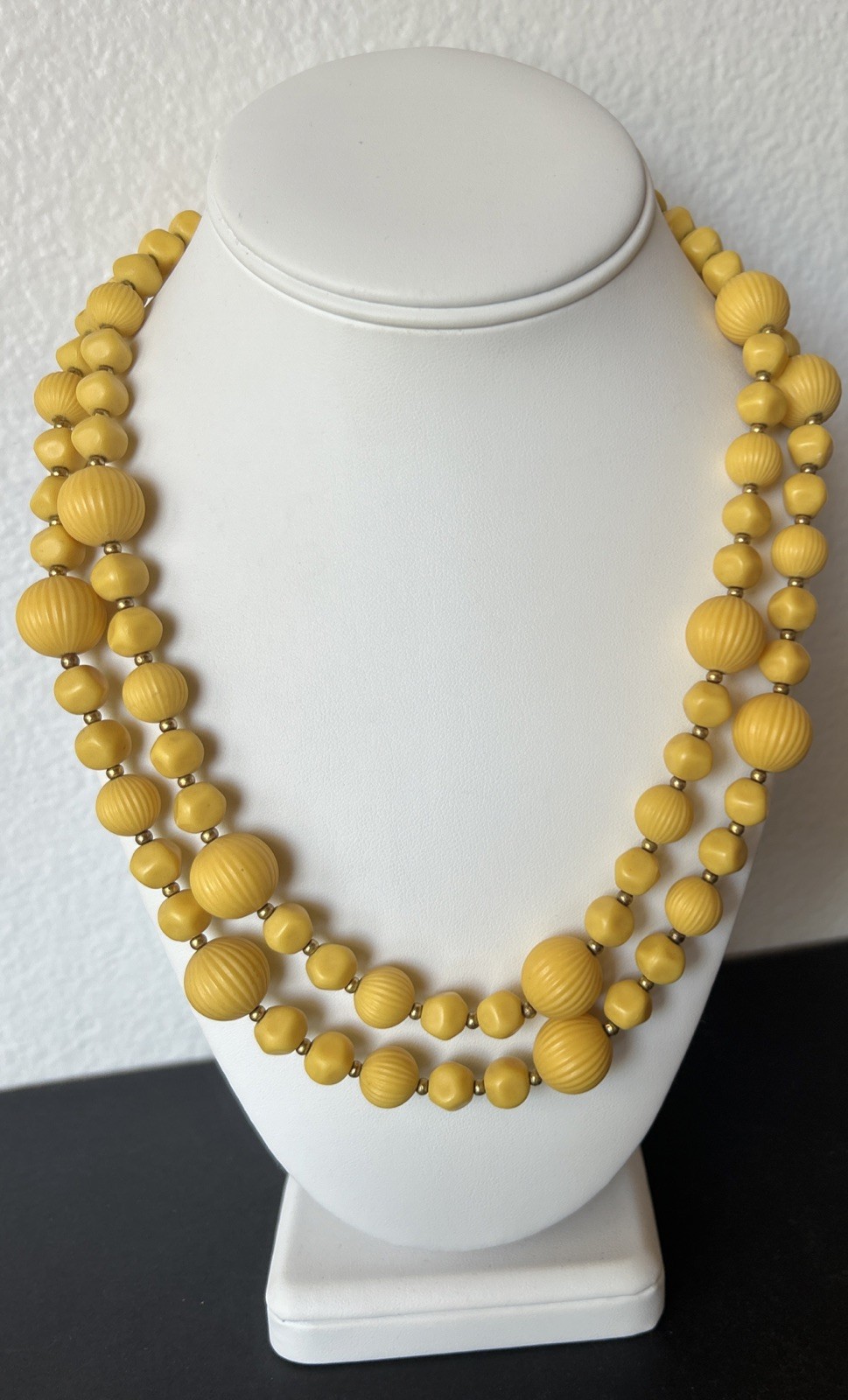 Vintage 2 Strand Yellow Beaded Necklace Textured Retro MCM Casual Woman’s 20″