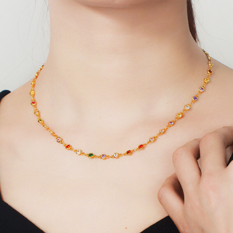 585 Gold Multicolored Round CZ Women Sweater Costume Long Chain Necklace Jewelry