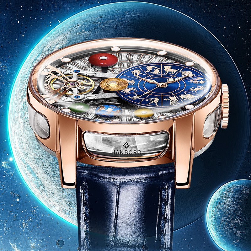 HANBORO Men Automatic Watch Mechanical Wristwatch Constellation Dial Luminous