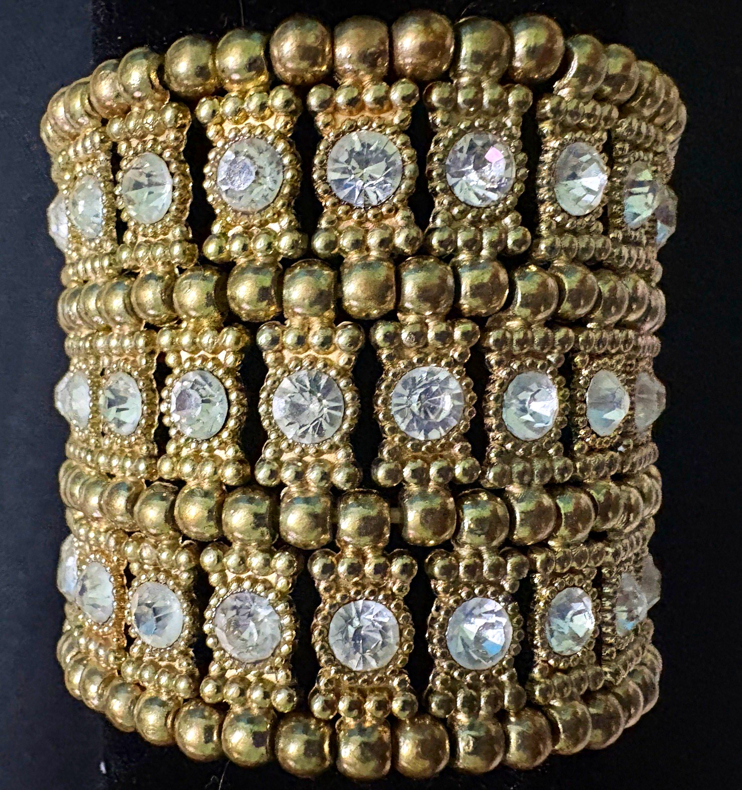 Gold Tone Beaded Cuff Stretch Bracelet Clear Round Simulated Crystal Bezel Snap