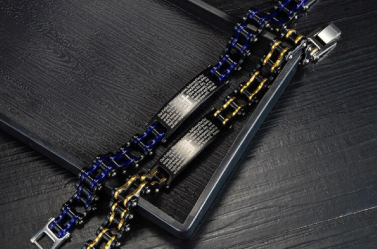 Lord’s Prayer Armor of God Wristband Bike Chain Stainless Steel Cross Bracelet