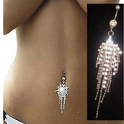 Rhinestone Belly Button Ring Tassel Navel Charm Dangle Surgical Silver Jewelry