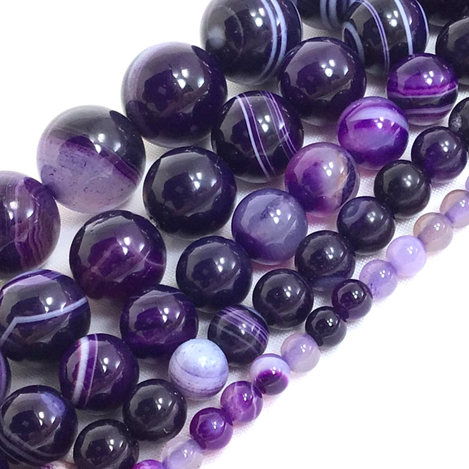 Gemstone Natural Purple Stripe Agate Smooth Round Loose Beads 15″ Jewelry Making