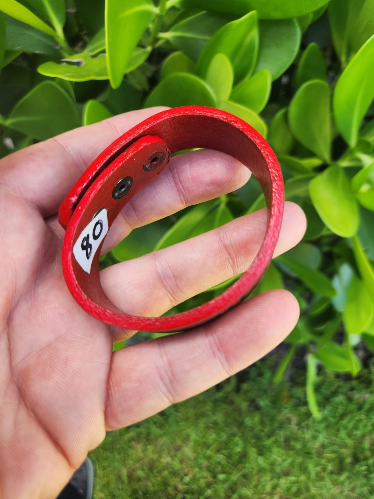 Red genuine leather women cuff Bracelet: Black hand painted Greek Aztec style
