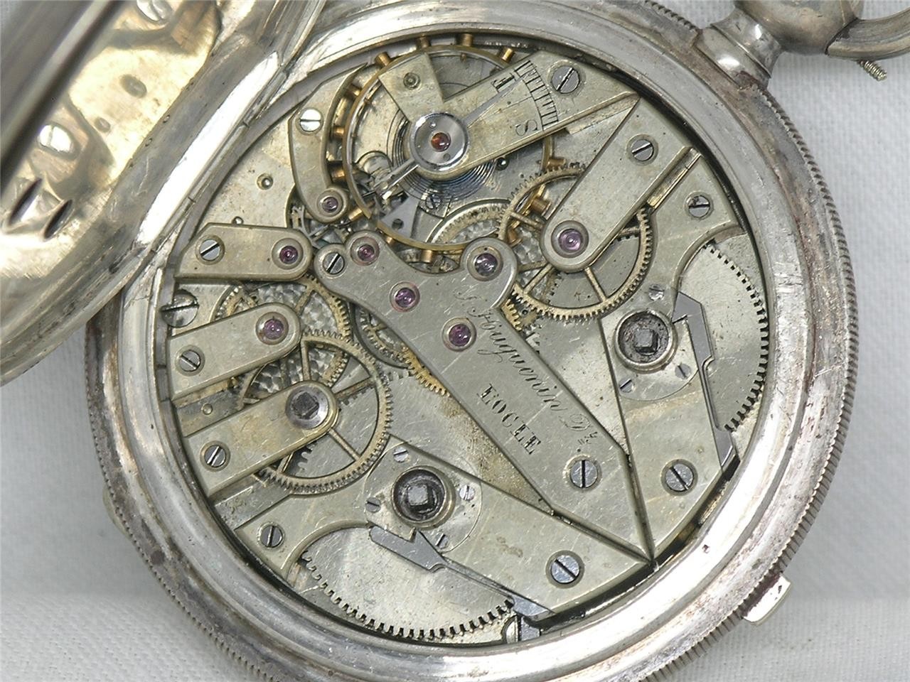 ANTIQUE 57MM HUGUENIN 1/4 JUMP SECONDS POCKETWATCH, ORIGINAL CASE, RUNNING!