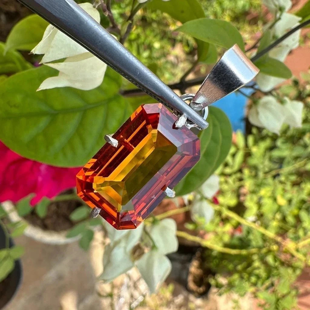 Natural 30 Ct Orange Sapphire Emerald Cut 925 Solid Silver Pendant Gemstone
