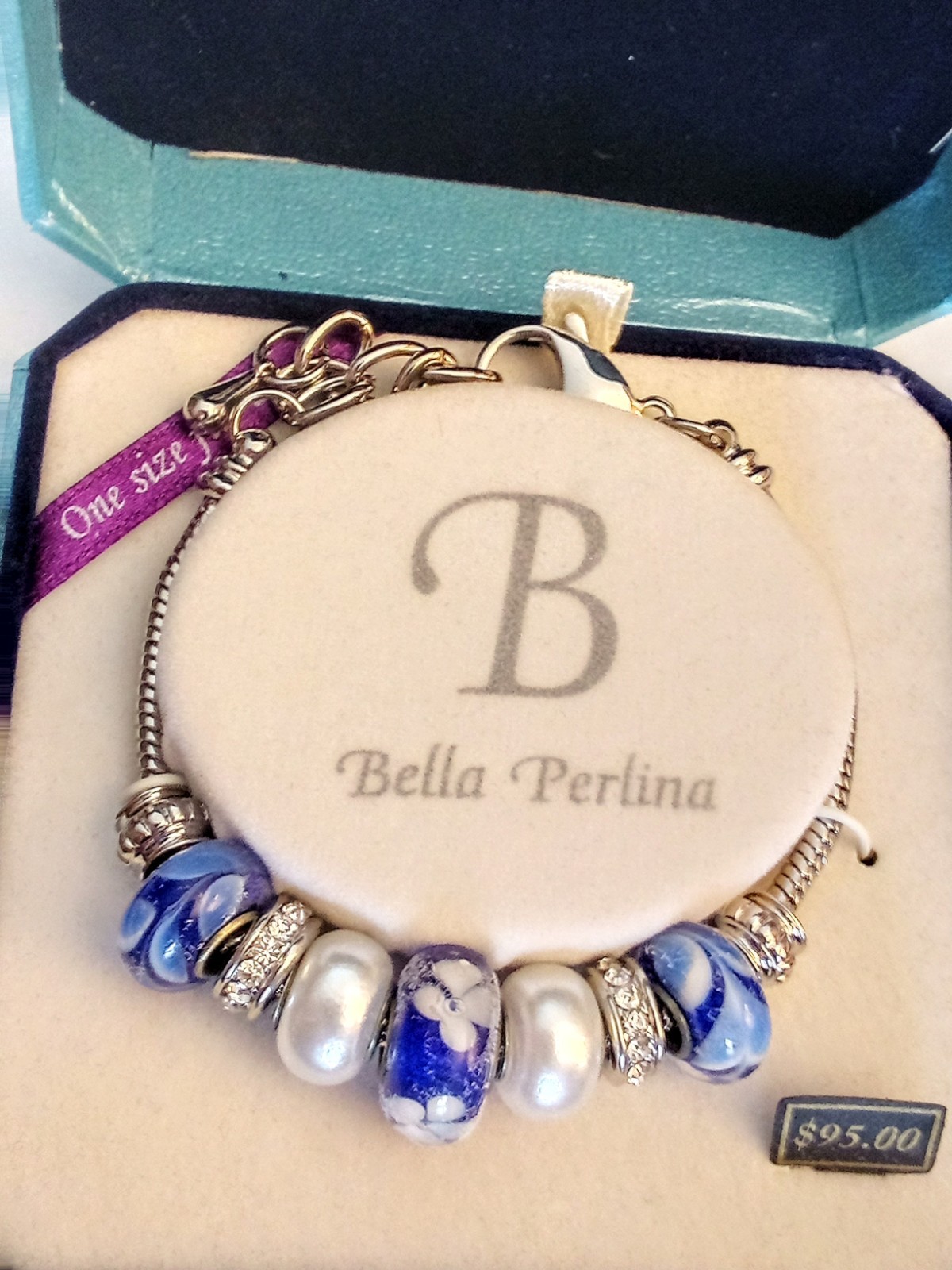 Bella Perlina Silver Tone Charm Bracelet Murano Glass New In Box