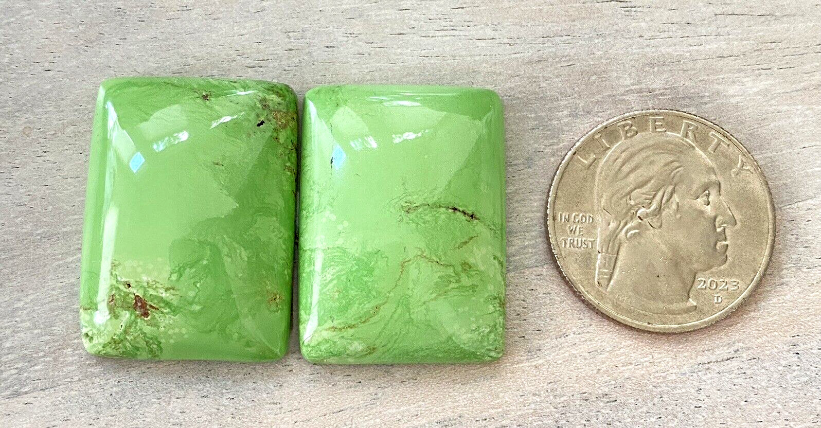 Pair Large Lime Green Gaspeite Rectangular Cabochons Not Backed