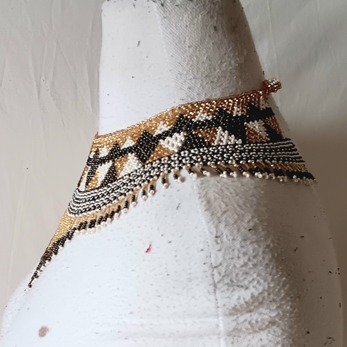 Black and Gold Beaded Fringe Necklace Statement Collar Bib Jewelry Artisan Made
