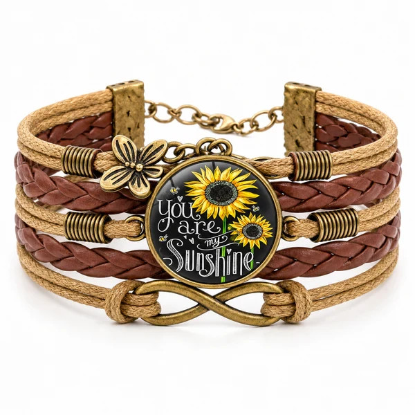 You Are My Sunshine Sunflower Leather Bracelet Butterfly Charm Gift for Her