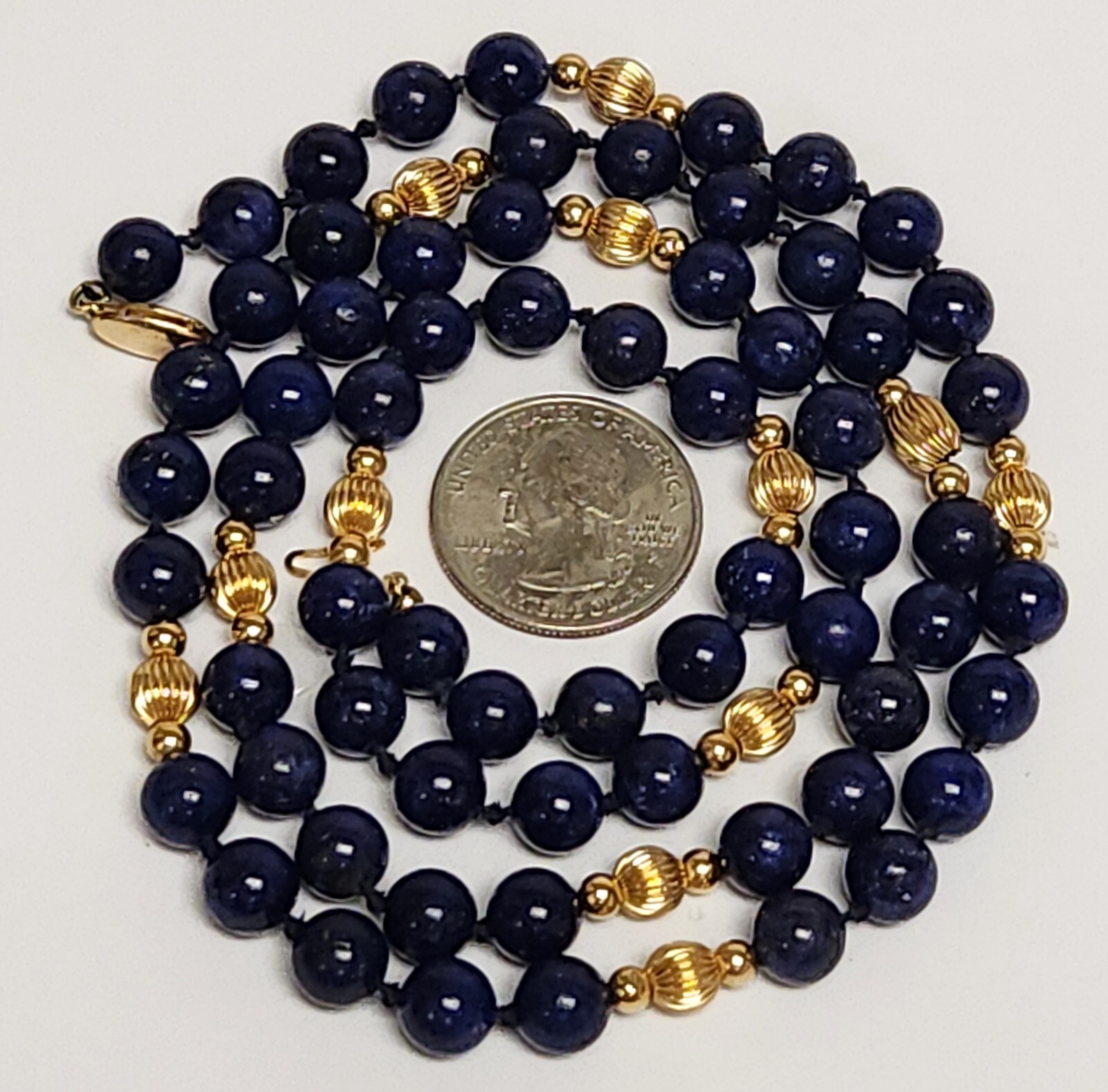 Vintage 8.05 Lapis Lazuli & 14K Yellow Fluted Bead Strand Necklace 31.5″