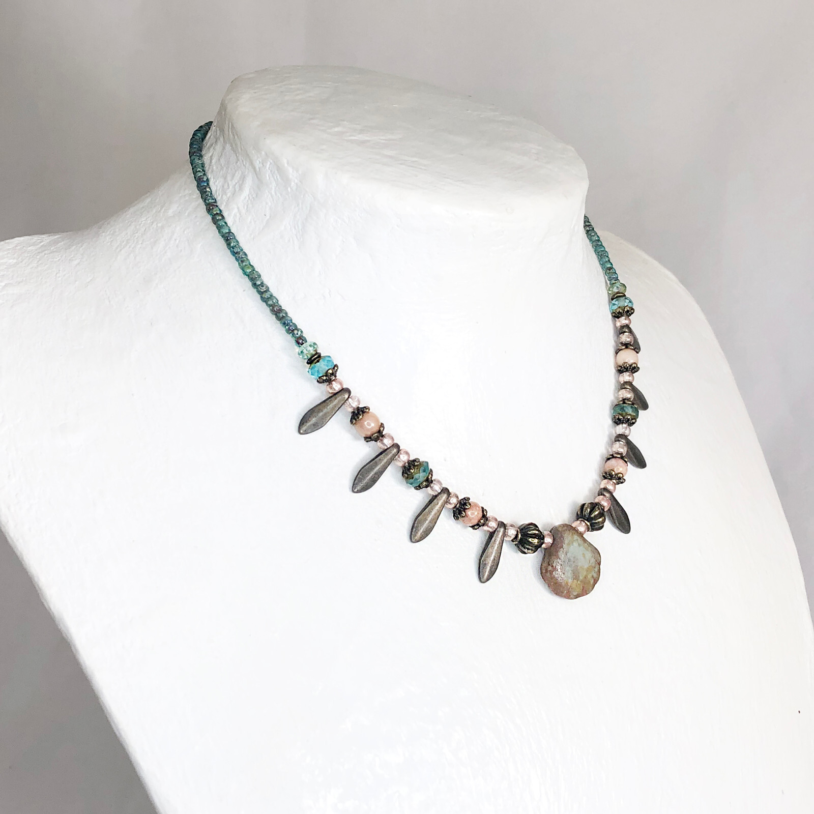 Rustic Czech Glass Picasso Sea Shell Choker with Bronze Daggers